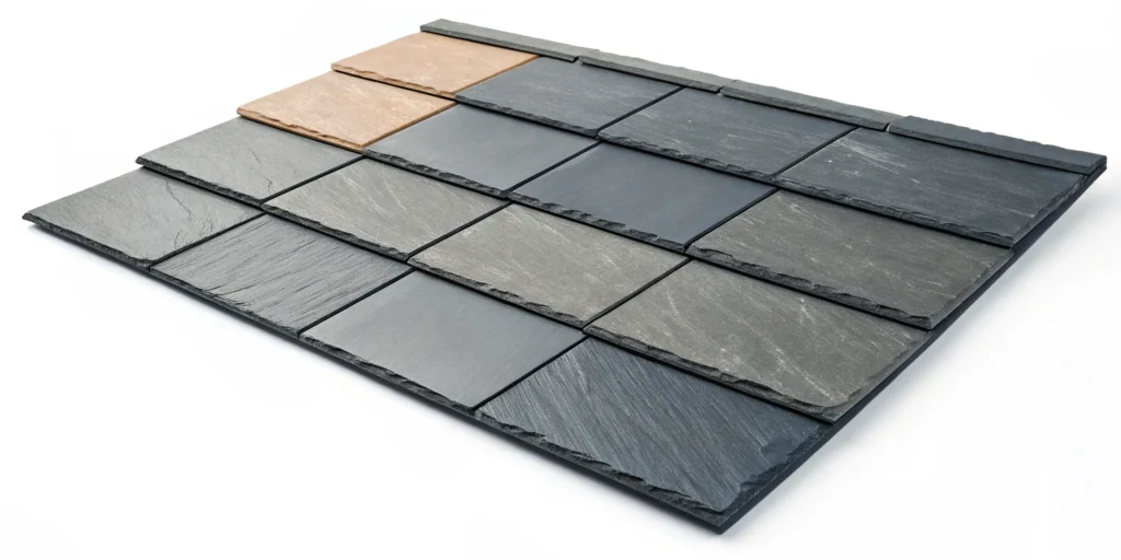 A display of the best synthetic slate roof tiles in different colors and textures.