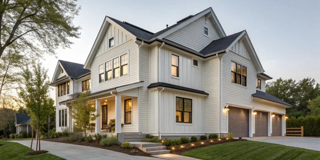 Modern two-story house with fresh white exterior paint, done during the best time of year.