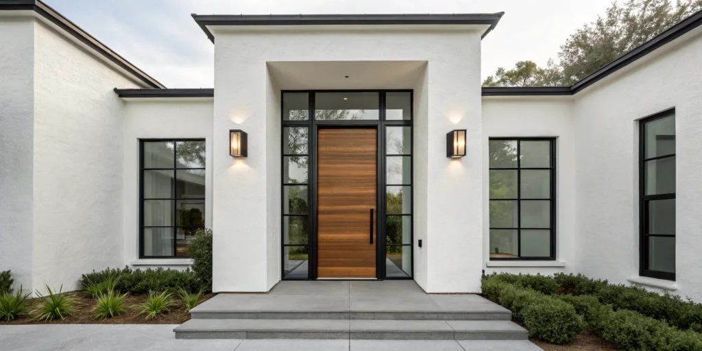 Modern front entry door with sidelights and black trim on a white house.