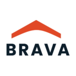 The image shows the word BRAVA in bold black letters beneath a red, upward pointing chevron shape resembling a roof, all on a light gray background.