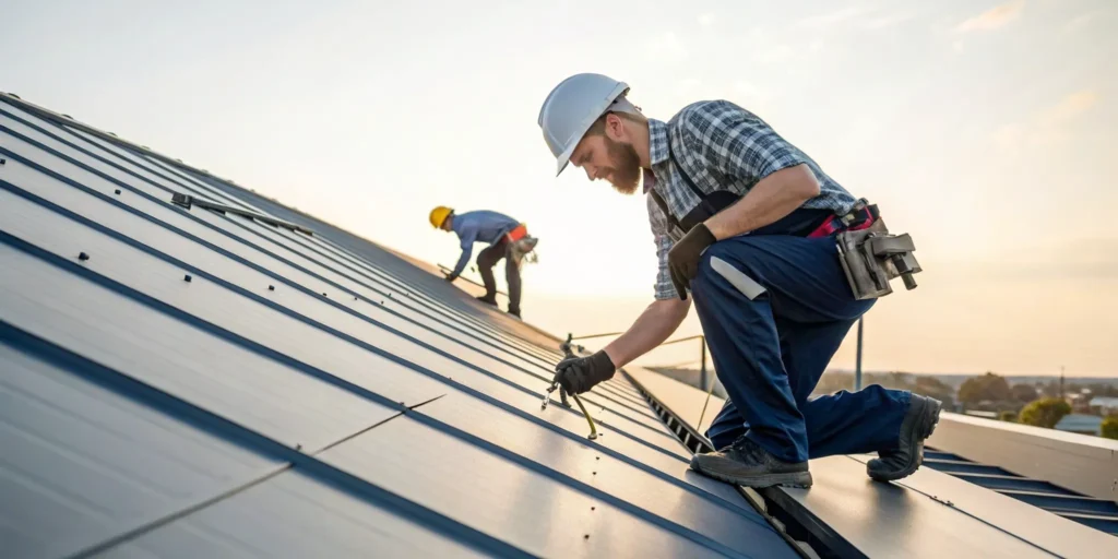 Contractors performing a professional metal roof installation on a standing seam roof.