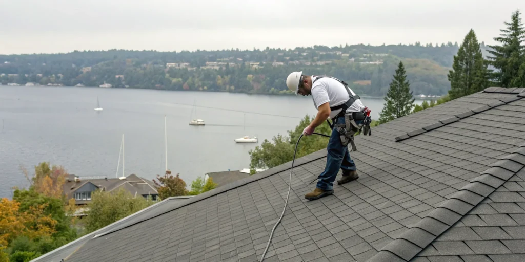 A Kirkland, WA roofing company installing a new asphalt shingle roof.