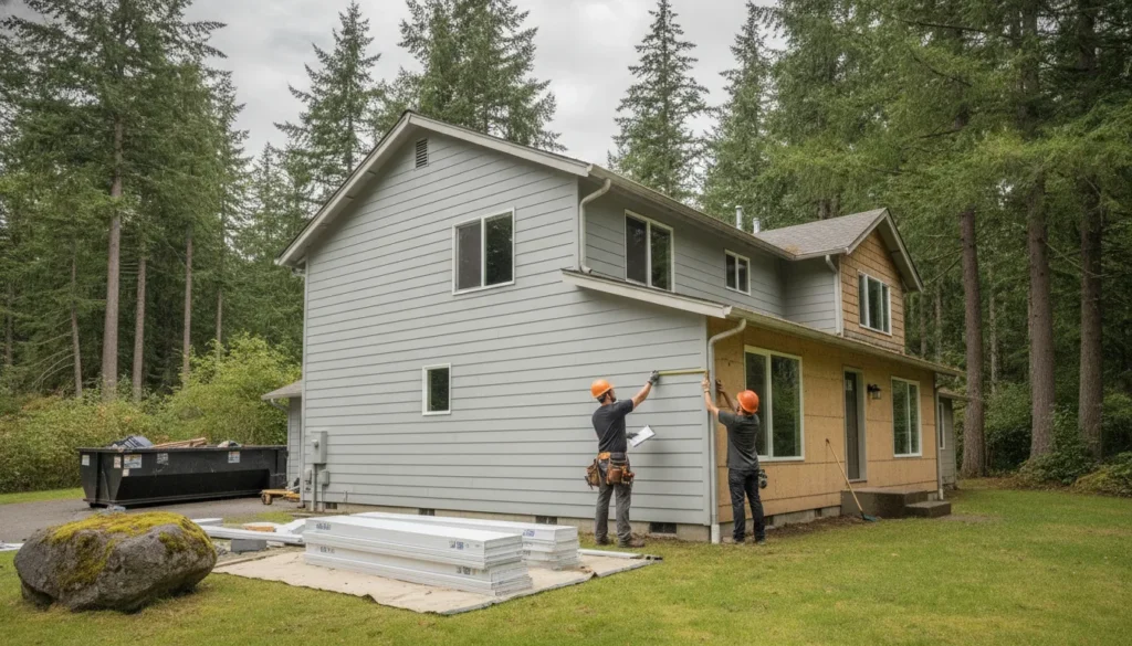 Contractor estimating the cost to replace vinyl siding on a Washington home