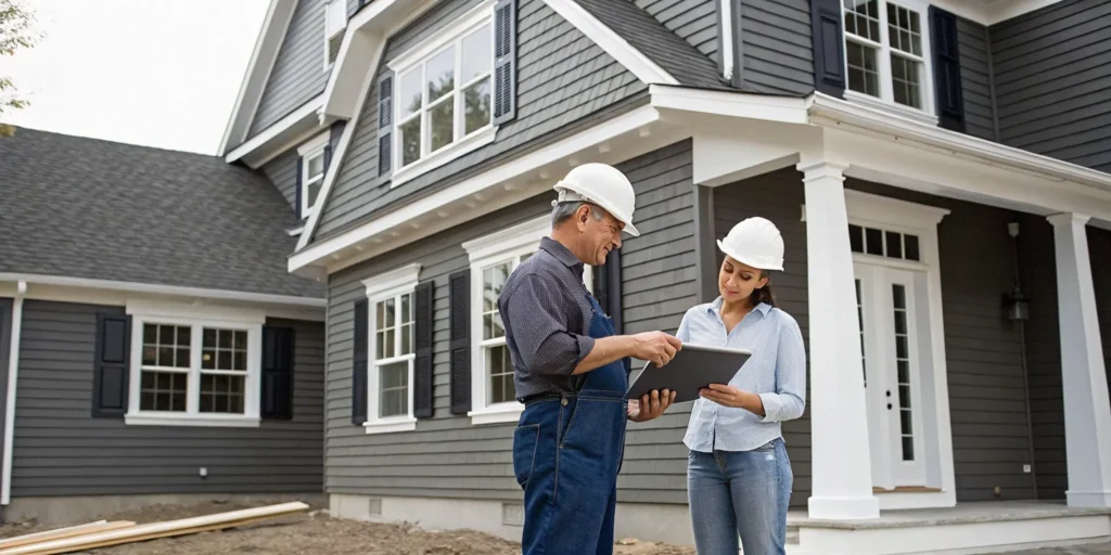 James Hardie siding contractors planning a project on a home with gray HardiePlank siding.