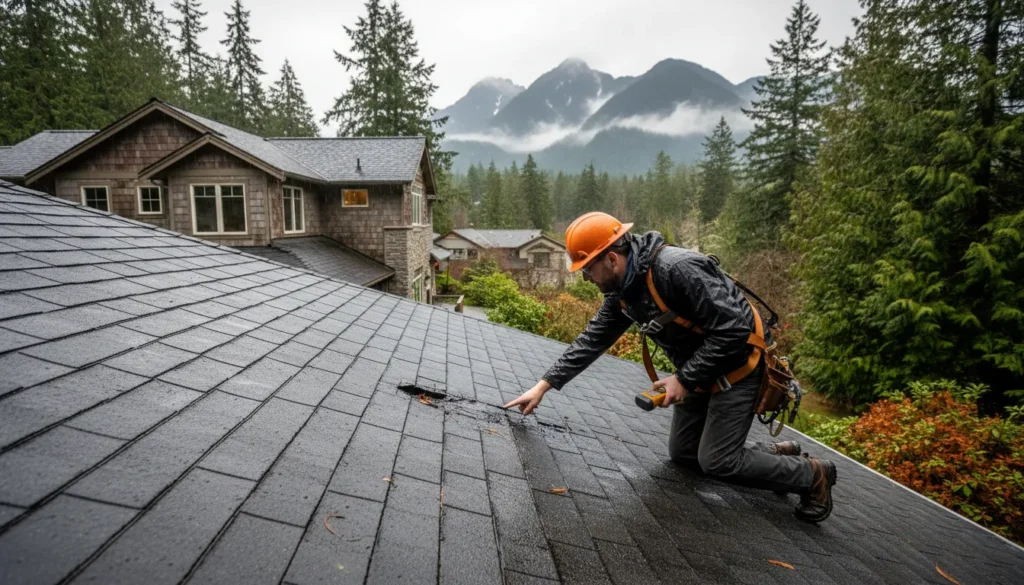 Contractor inspecting a Washington roof