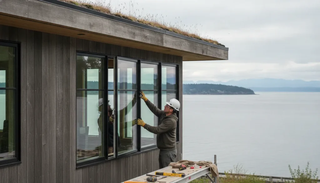 Contractor installing a replacement window on a Washington home