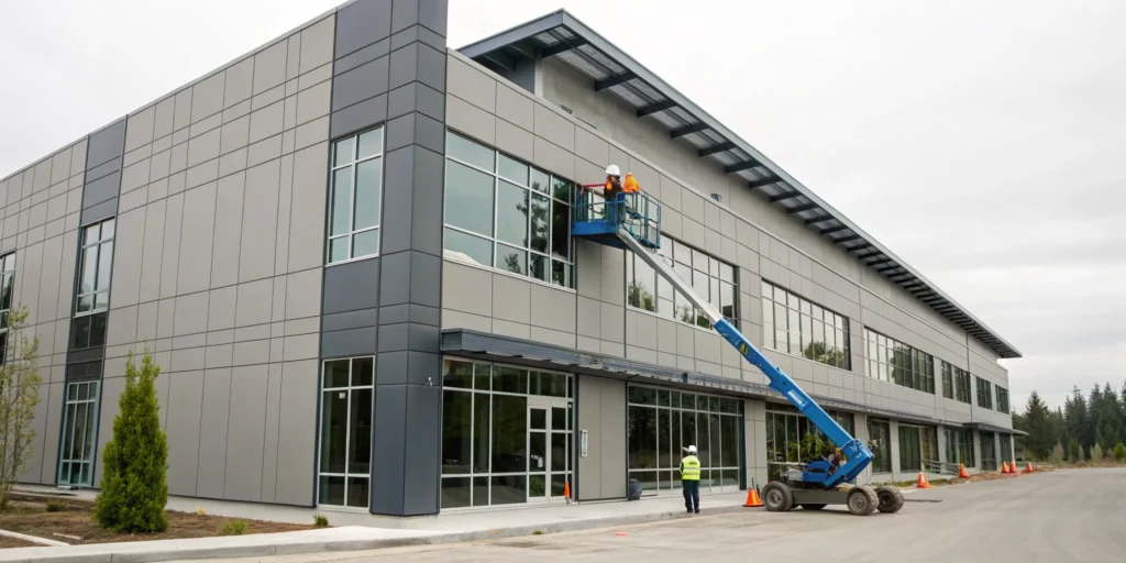 Workers on a lift perform commercial siding repair on a building in Renton.