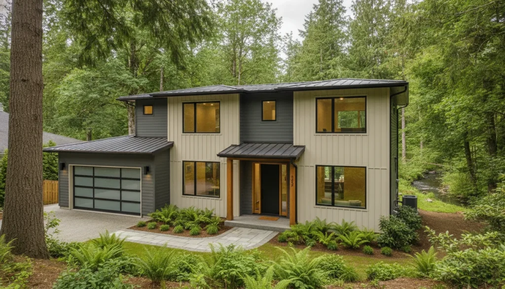 Modern home with James Hardie fiber cement siding in a Pacific Northwest setting