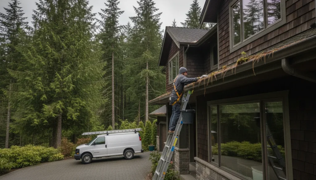 Professional gutter cleaner on a ladder clearing debris from residential gutters on a Washington home