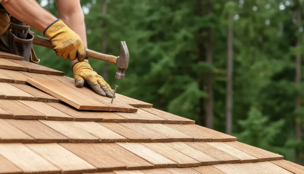 Roofer installing cedar shingles on a Pacific Northwest home roofline