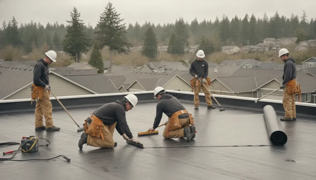 Roofing crew installing a new membrane on a residential flat roof in Washington