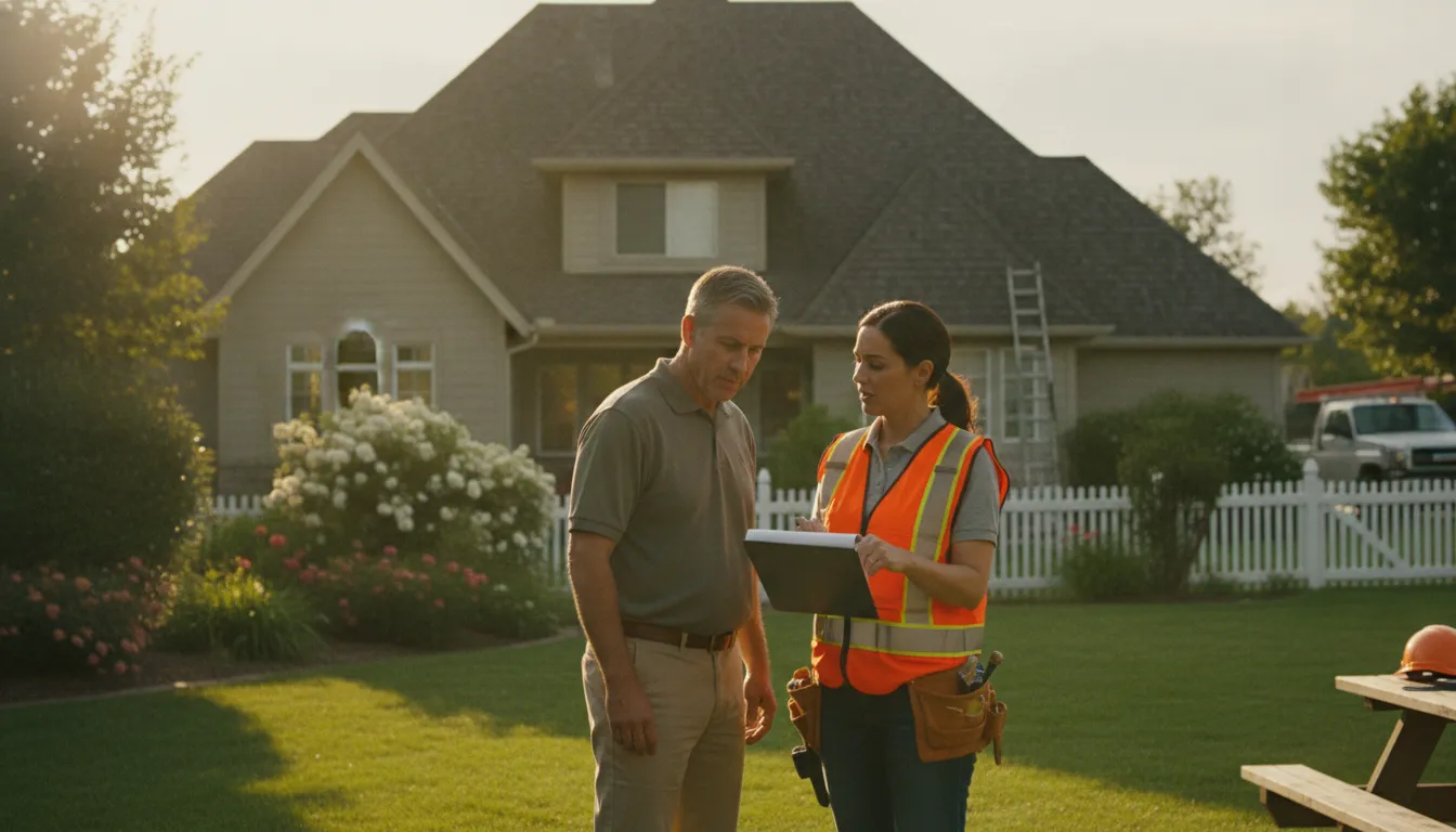 Roofing contractor reviewing an estimate with a homeowner beside a pitched shingle roof