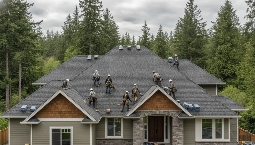 Professional roofing crew installing new asphalt shingles on a Pacific Northwest home in Redmond, Washington