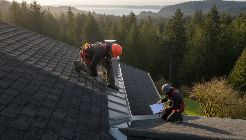 Professional roofing inspector examining shingles and flashing on a residential roof in the Pacific Northwest