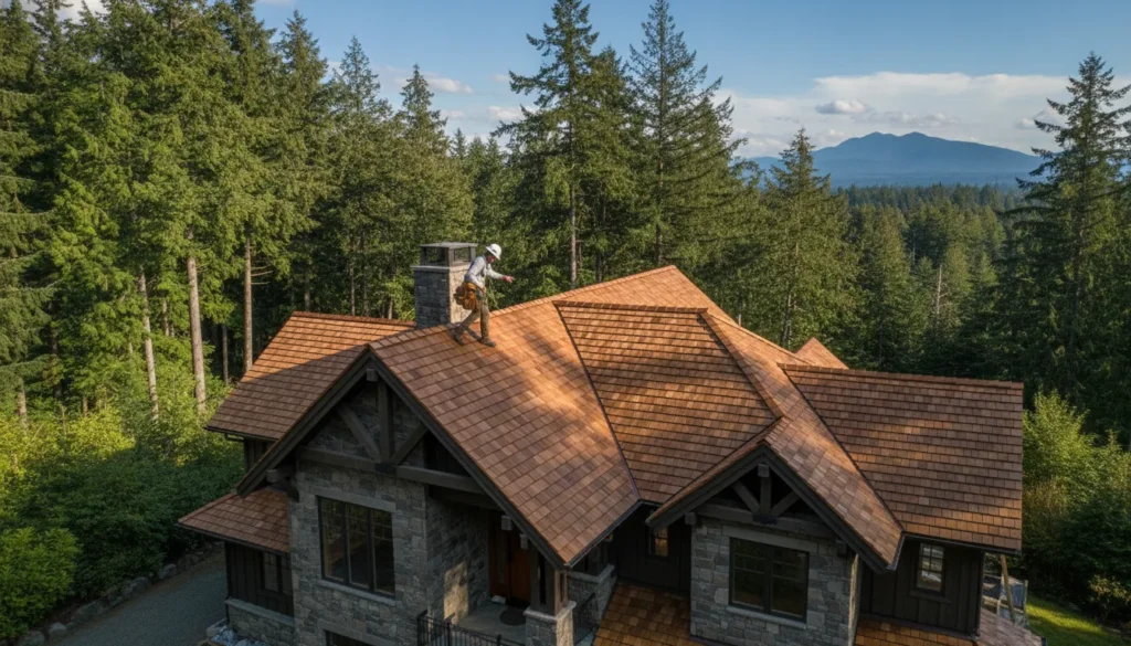 Home with a freshly installed cedar shake shingle roof in the Pacific Northwest