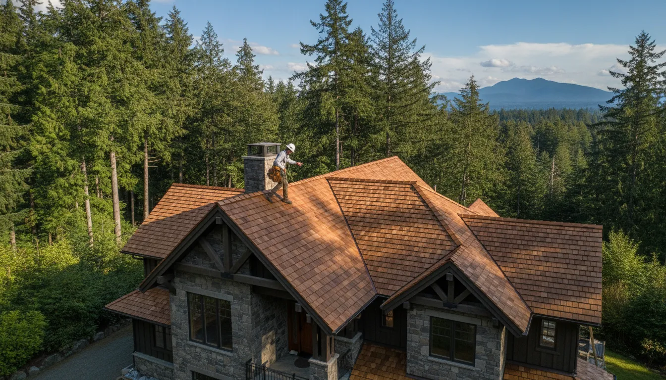 Home with a freshly installed cedar shake shingle roof in the Pacific Northwest