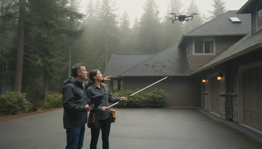 Roofer reviewing a Washington home roof inspection with a homeowner