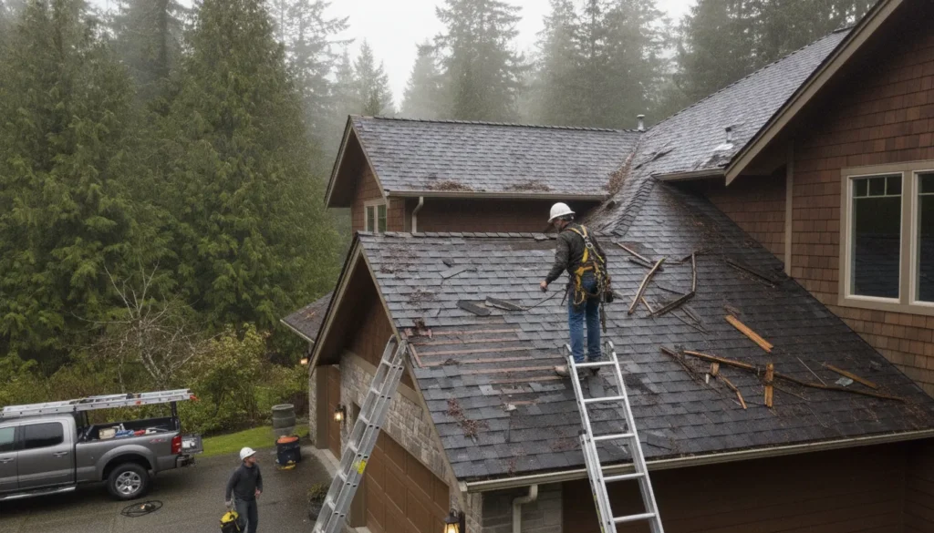 Professional roofer inspecting storm-damaged roof shingles on a residential home in the Pacific Northwest