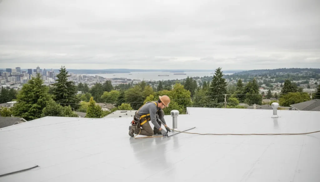 Seattle roofing company crew inspecting a residential roof in Washington