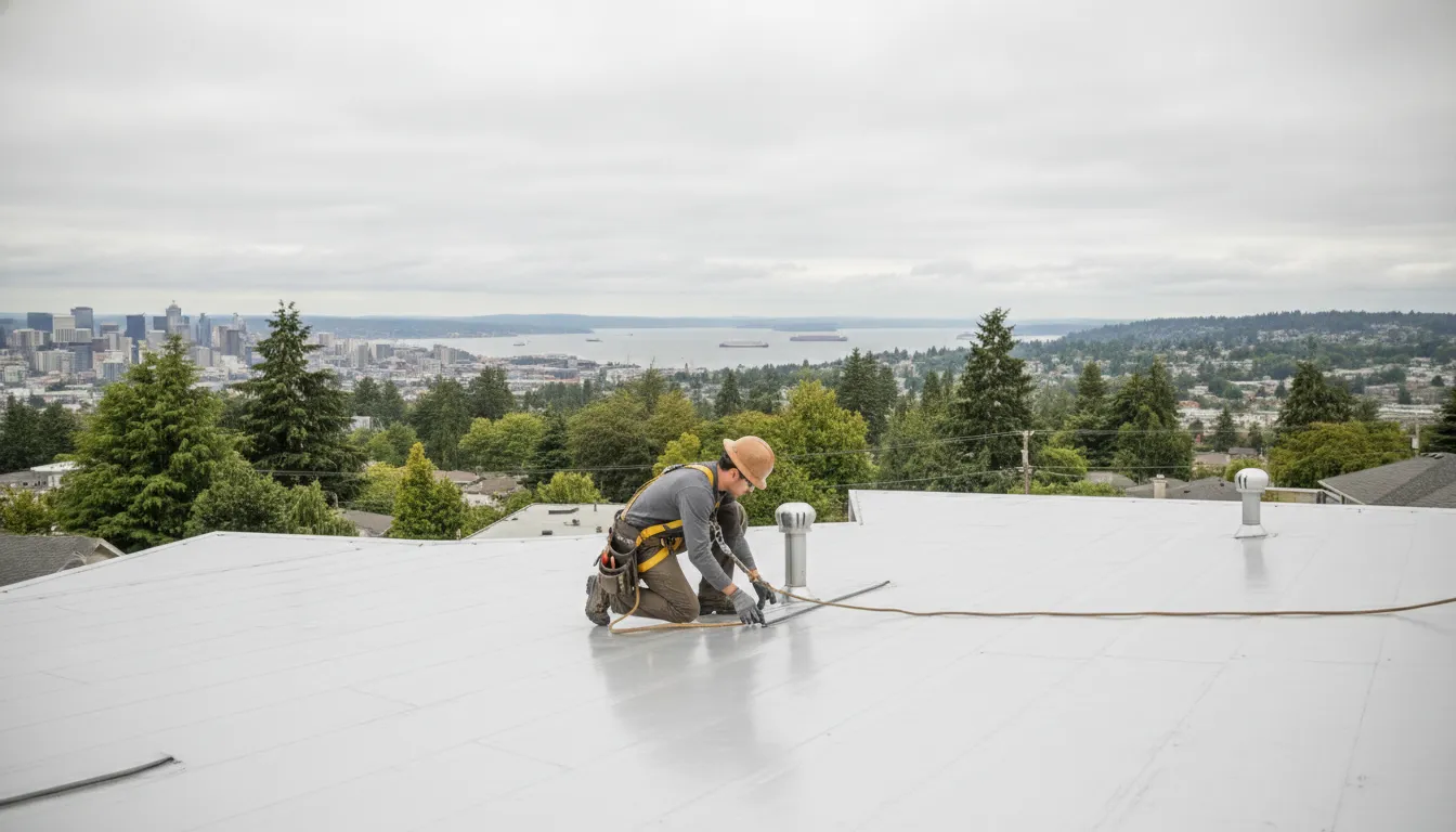 Seattle roofing company crew inspecting a residential roof in Washington