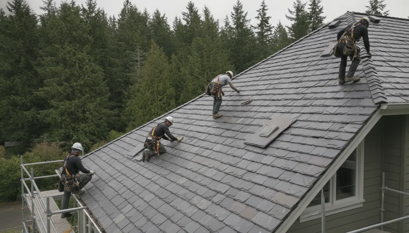 Roofers installing dark gray natural slate tiles on a Pacific Northwest home