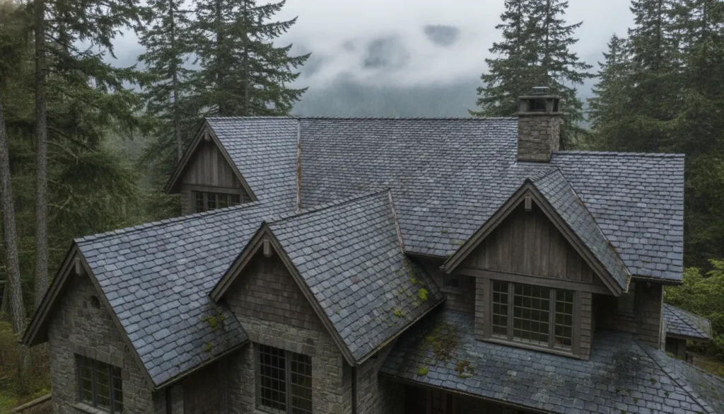 Natural slate roof tiles on a Pacific Northwest home with evergreens in the background