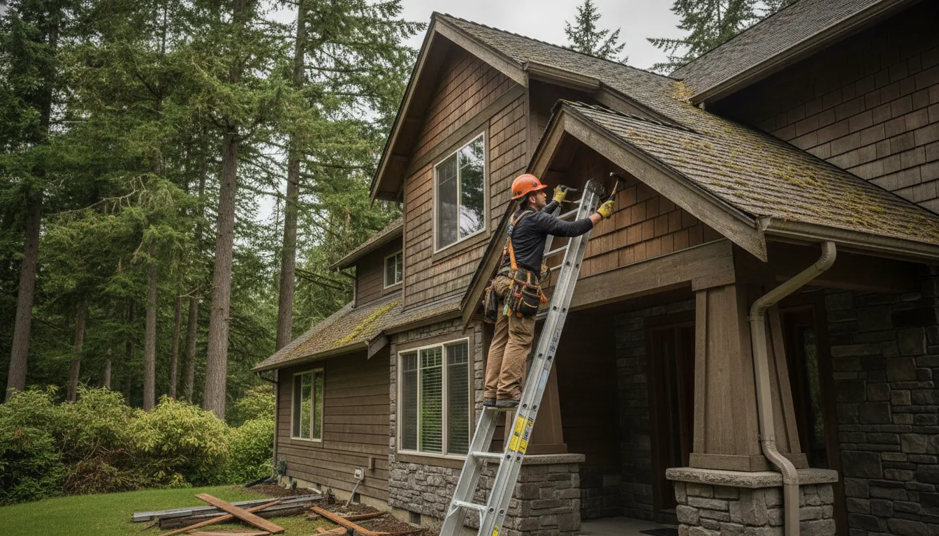 Professional exterior contractor inspecting soffit and fascia on a Pacific Northwest home