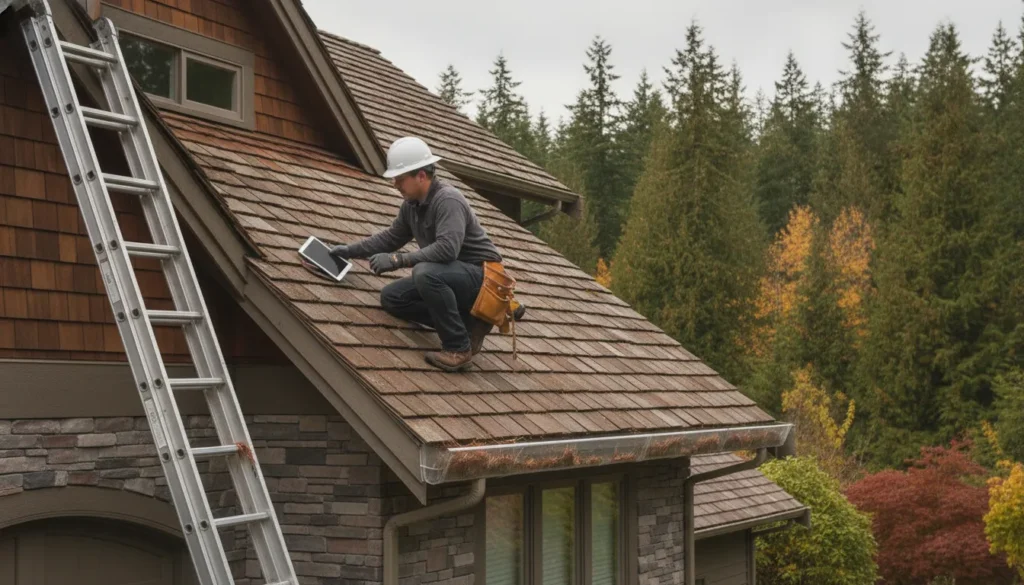 Roofing contractor inspecting a residential roof with gutters and evergreen trees in the background
