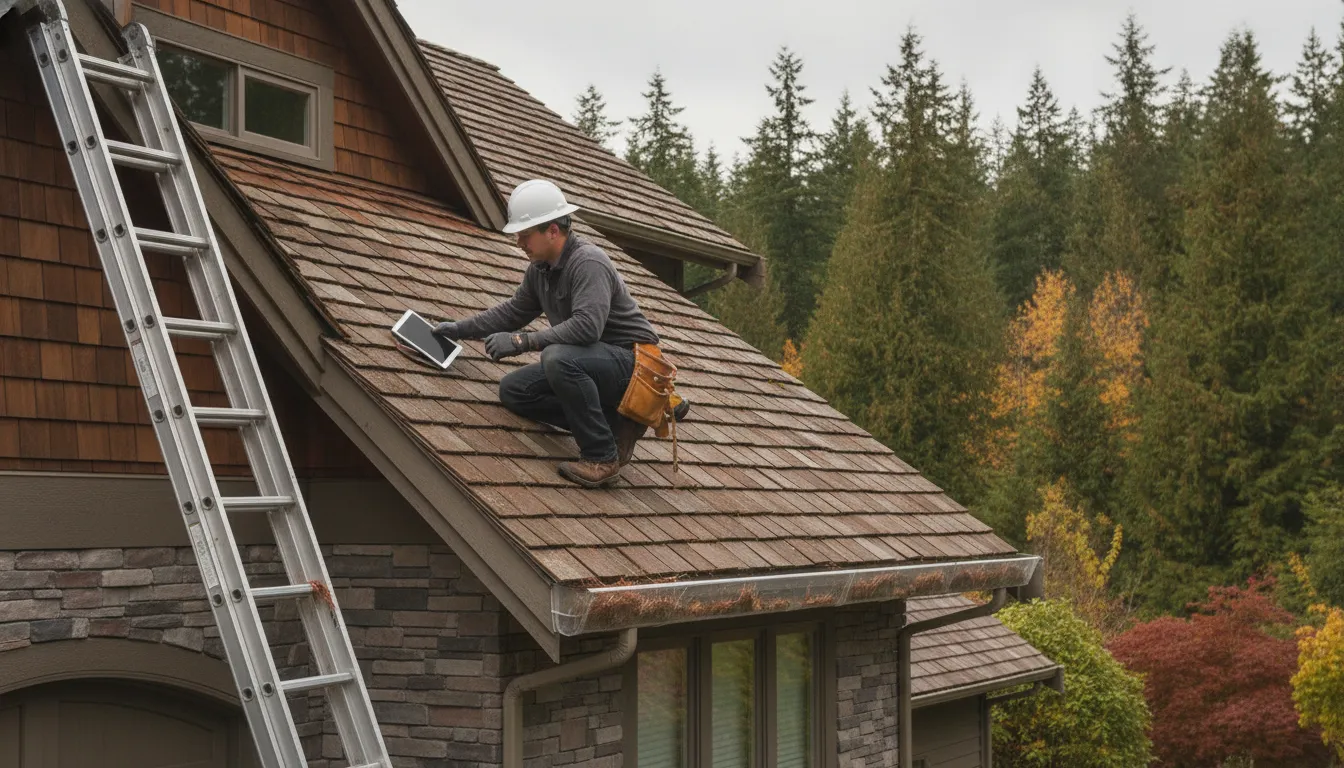 Roofing contractor inspecting a residential roof with gutters and evergreen trees in the background