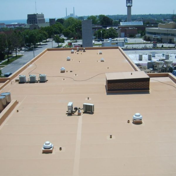 A flat, tan-colored commercial rooftop with multiple HVAC units and vents. The area is surrounded by other buildings and trees, with a distant cityscape and a body of water visible on the horizon under a clear blue sky.