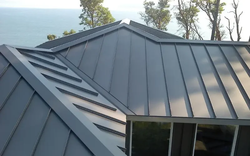 A modern metal roof with standing seam panels, featuring clean lines and sharp angles, overlooking a body of water and surrounded by tall trees in the background.
