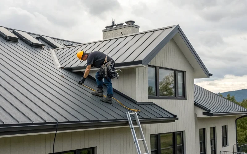 Person wearing safety gear completing a DIY metal roof installation.